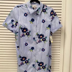ECI women's size 10 blue white striped floral print Sheath shirt dress